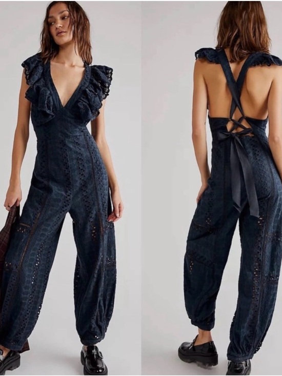 Free People Pants - Free People Navy Eyelet Ruffle Back-Tie Jumpsuit